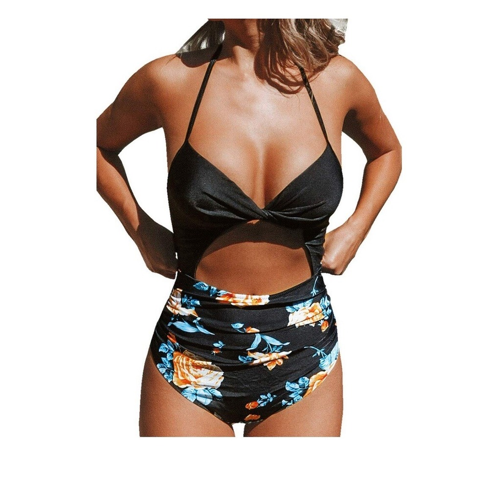 Cupshe Black Floral High-Waist Cutout Bikini